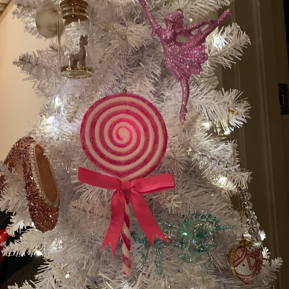 Pink & White swirl lollipop Holiday Christmas Tree ornament glitter & bow 7x3.5” - Picture 8 of 9